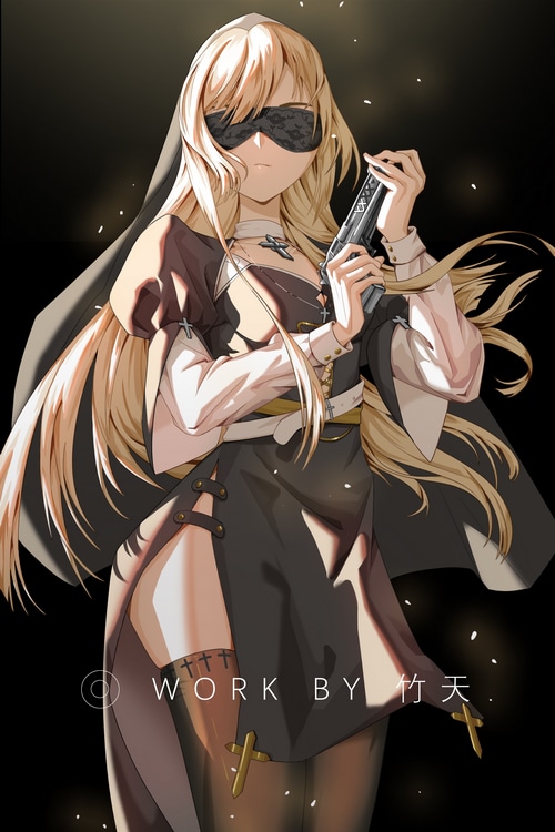 Anime nun with blindfold and gun