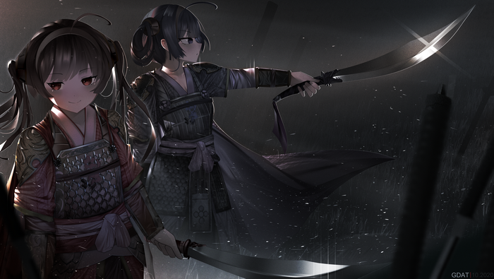 Azur Lane fan art of Ping Hai and Ning Hai with swords