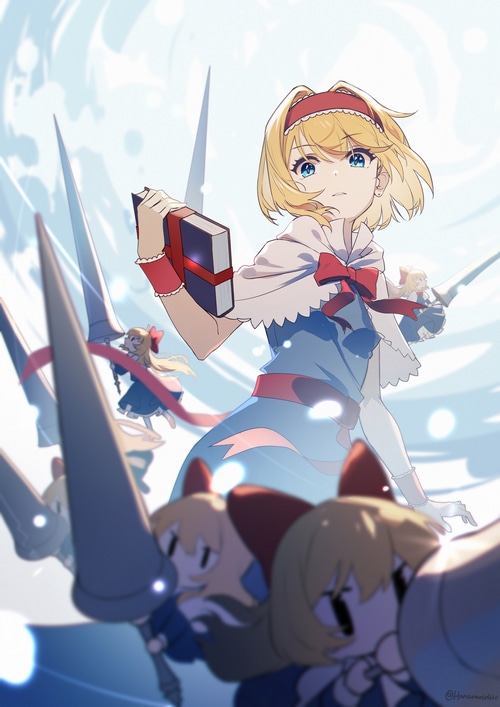 Alice Margatroid holding a book with Marisa Kirisame and others