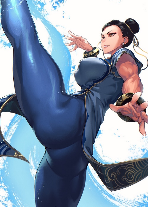 Chun-Li from Street Fighter performing a high kick