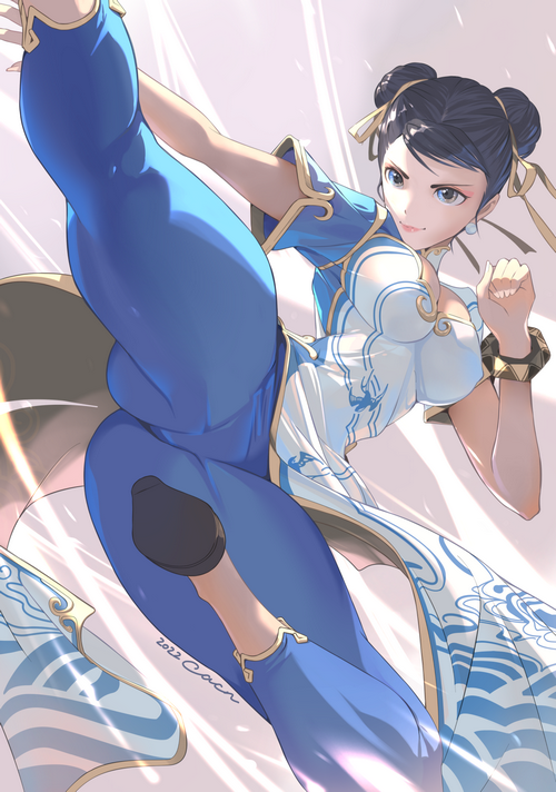 Chun-Li from Street Fighter performing a high kick