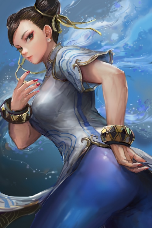 Chun-Li from Street Fighter in blue and white outfit