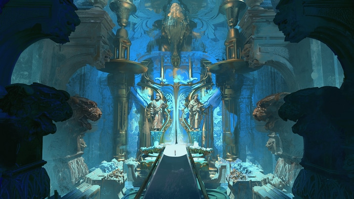 Fantasy art of a grand temple interior