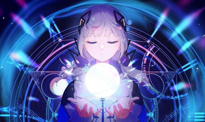 Anime girl holding a glowing orb with magical circles