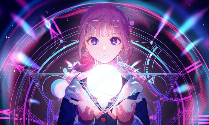 Girl with blue eyes holding a glowing orb
