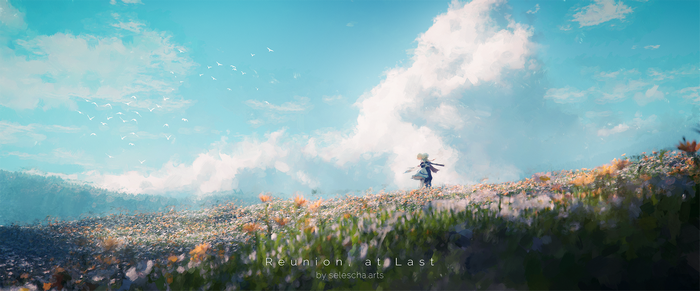 Lumine and Aether in a field of flowers