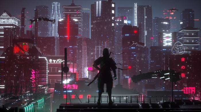 Cyberpunk samurai in a futuristic city at night