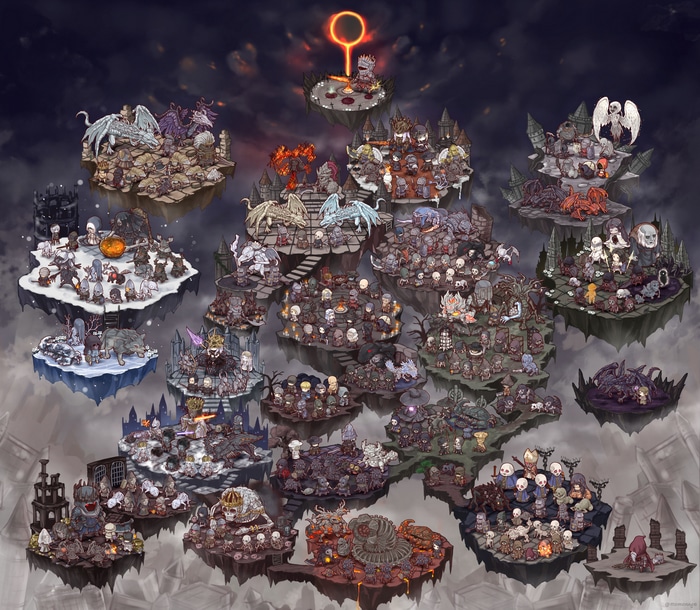 4K Dark Souls Chibi Characters on Floating Islands