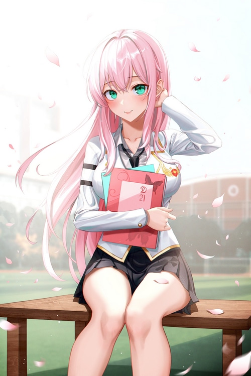 Anime schoolgirl with pink hair holding notebooks