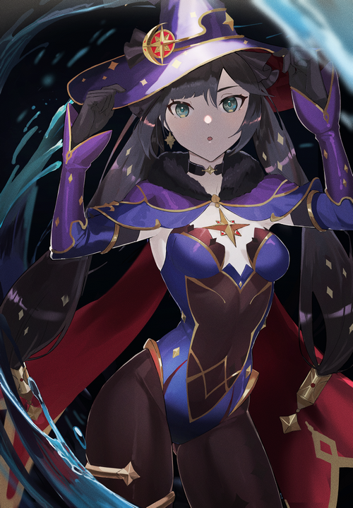 Mona from Genshin Impact with a witch hat