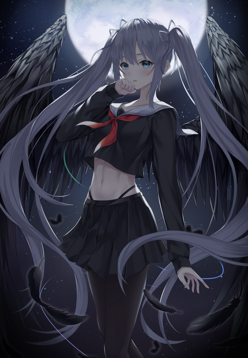 4K Anime Girl with Black Wings and School Uniform
