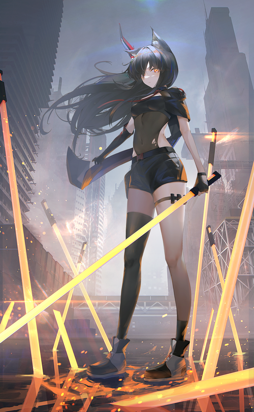 Texas from Arknights with glowing swords