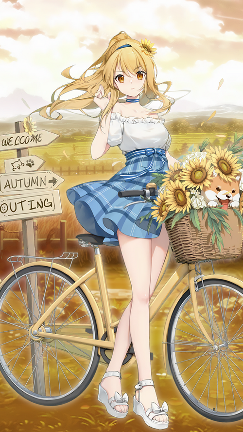 Anime girl with dog and sunflowers on a bicycle