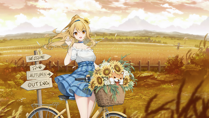 Girl with dog and sunflowers on a bicycle in autumn field