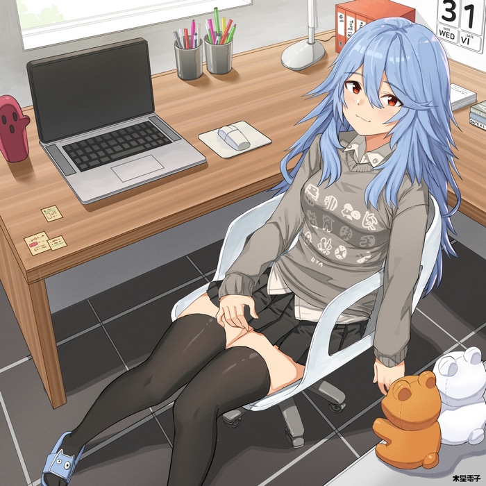 Ayanami Rei from Evangelion sitting at a desk