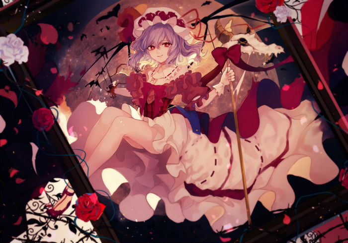 Remilia Scarlet with roses and a skull staff