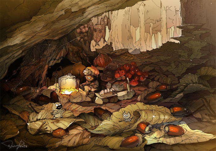 Anime creatures in a cave with leaves and acorns