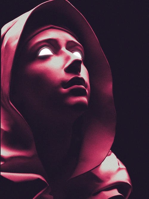 Digital art of a hooded figure with glowing eyes
