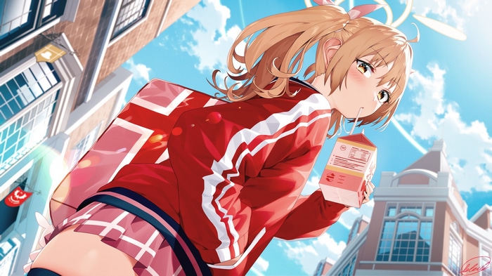 Anime girl with blonde hair drinking from a carton