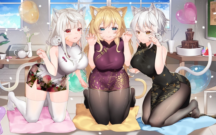 Three cat girls in Chinese dresses with balloons