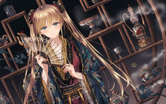 Junpaku Karen with blonde twintails holding a fan