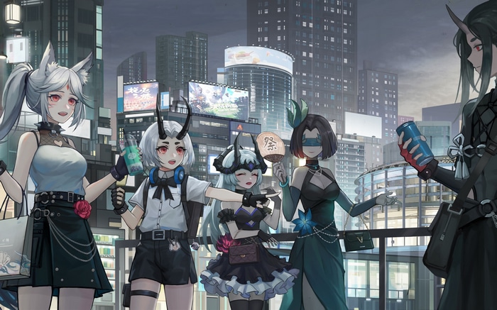 Anime girls with horns and fox ears in a city at night