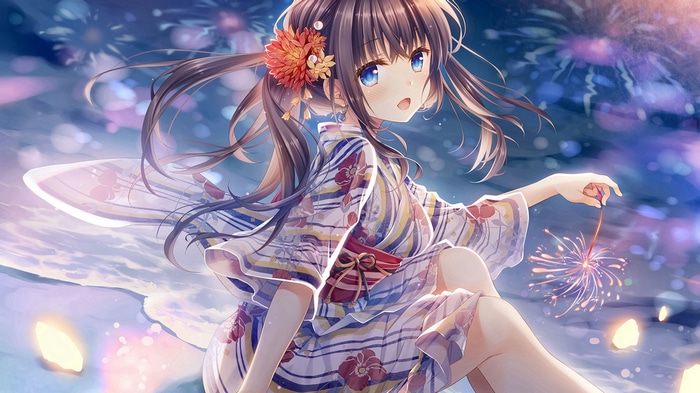 Anime girl in kimono with fireworks