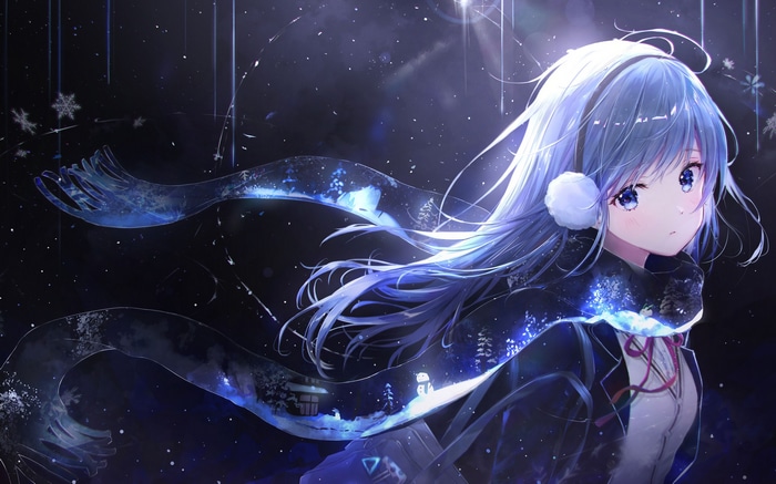 Anime girl with blue hair and blue eyes wearing a scarf