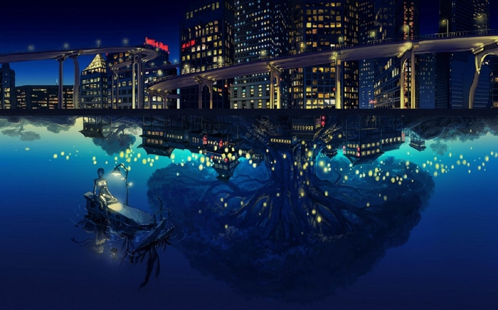 Cityscape reflected in water with a person on a boat