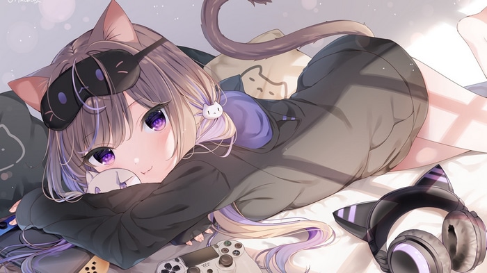 Anime cat girl with purple eyes and headphones