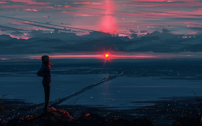 Anime girl watching a vibrant sunset over a city