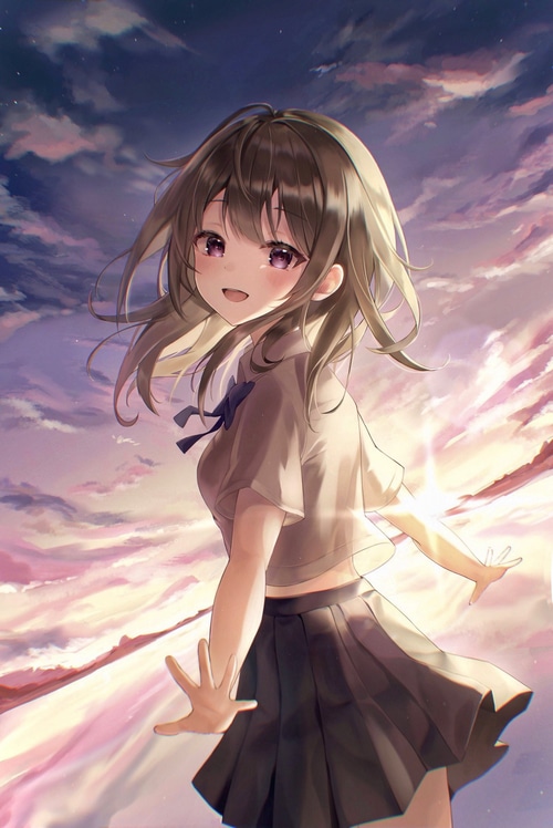 Anime schoolgirl with purple eyes and brown hair
