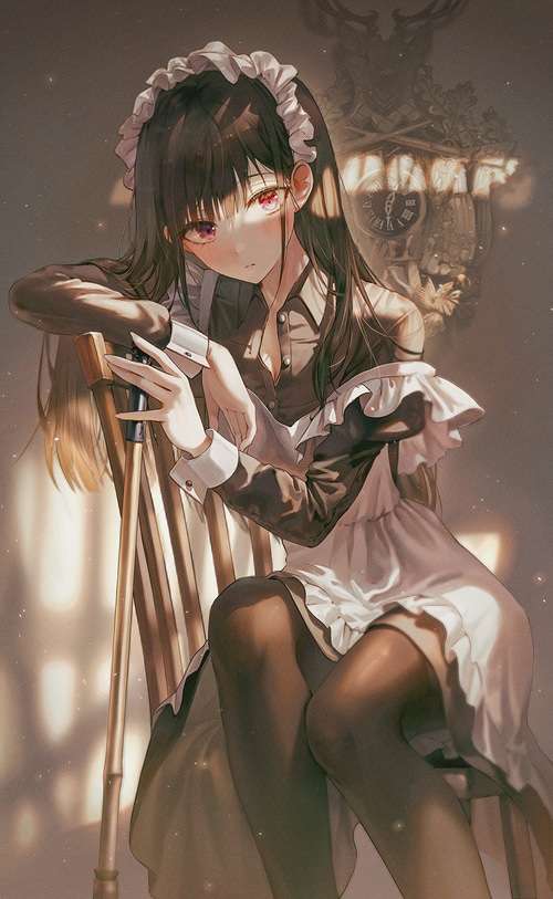 Maid with pantyhose sitting on a chair