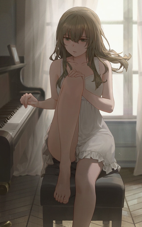 Anime girl in a dress sitting by a piano