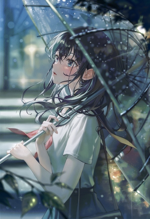 Anime girl with umbrella in the rain
