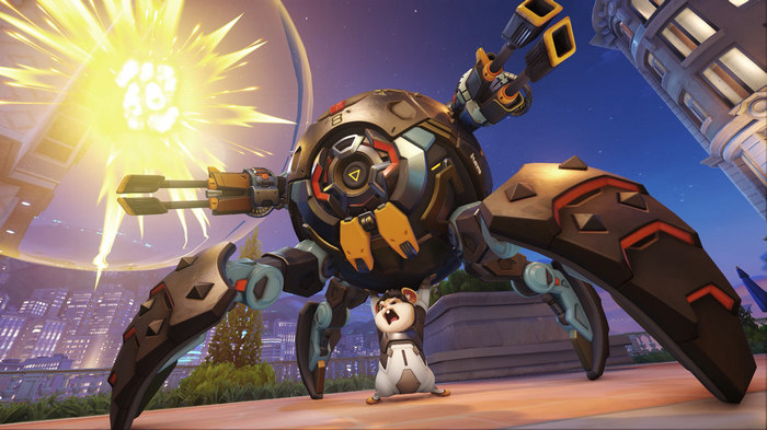 Wrecking Ball and Hammond in Overwatch city at night