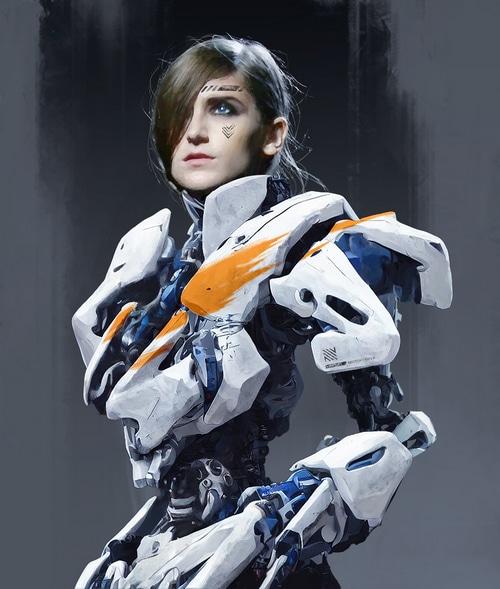 Cyborg woman with white and orange armor