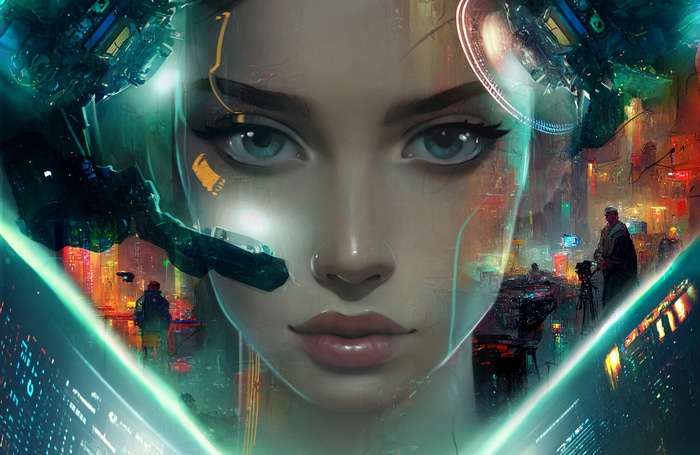 Cyberpunk woman with futuristic city background