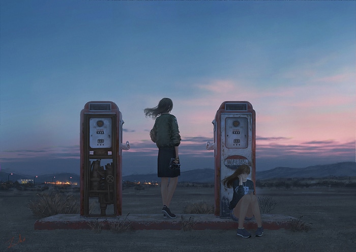 Two girls at an abandoned gas station at dusk