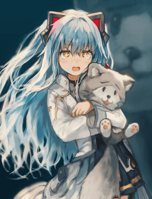 Anime girl with blue hair holding a plush toy