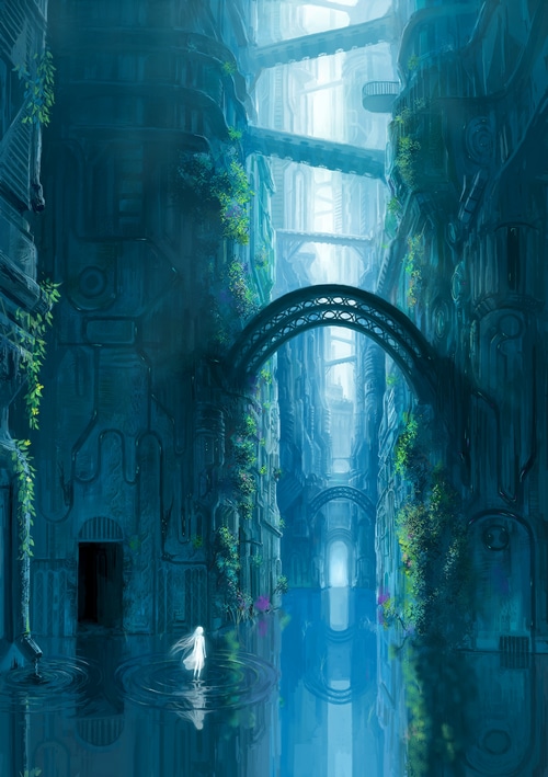 Fantasy art of a girl in a flooded city