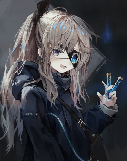 Anime girl with eyepatch holding test tubes