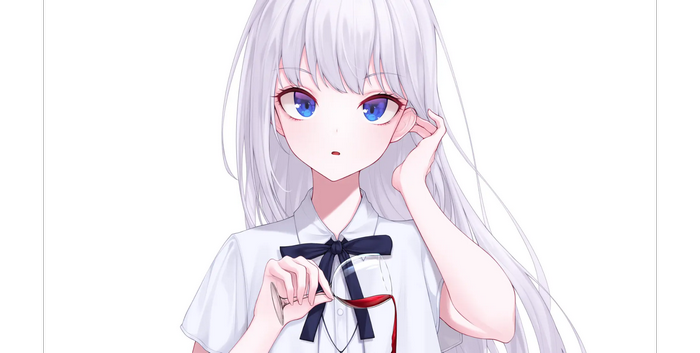 Anime girl with white hair and blue eyes holding wine