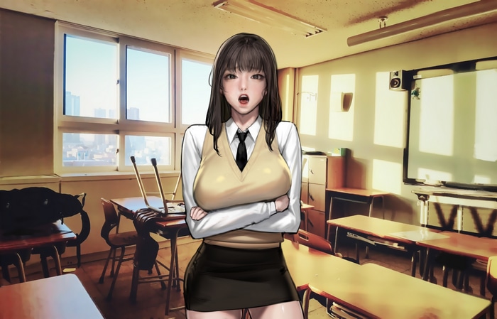 4K drawing of a girl in a school uniform in a classroom