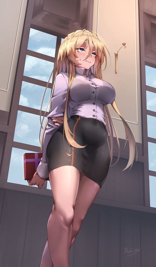 Bismarck from Azur Lane holding a gift