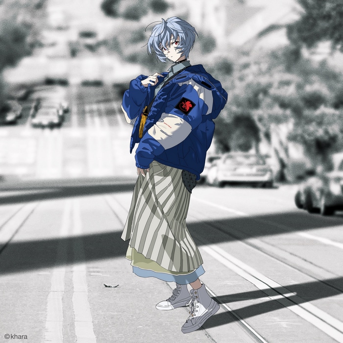 Rei Ayanami in a Blue Jacket on a City Street