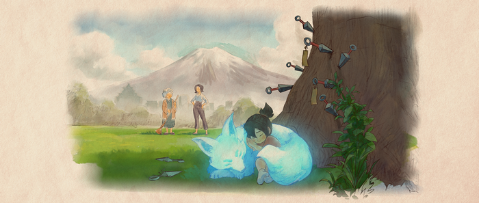 Kiriko and Spirit Fox sleeping under a tree with kunai
