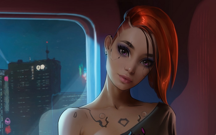 Cyberpunk woman with purple eyes and sidecut hair
