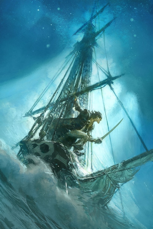 Pirate on a sailing ship in a storm