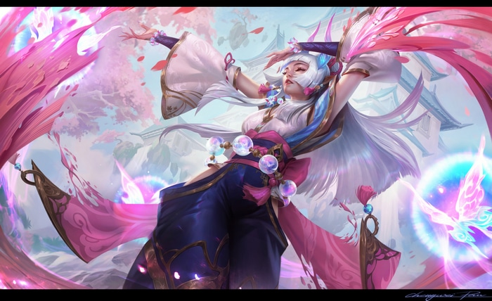 Ahri from League of Legends in a pink and blue outfit